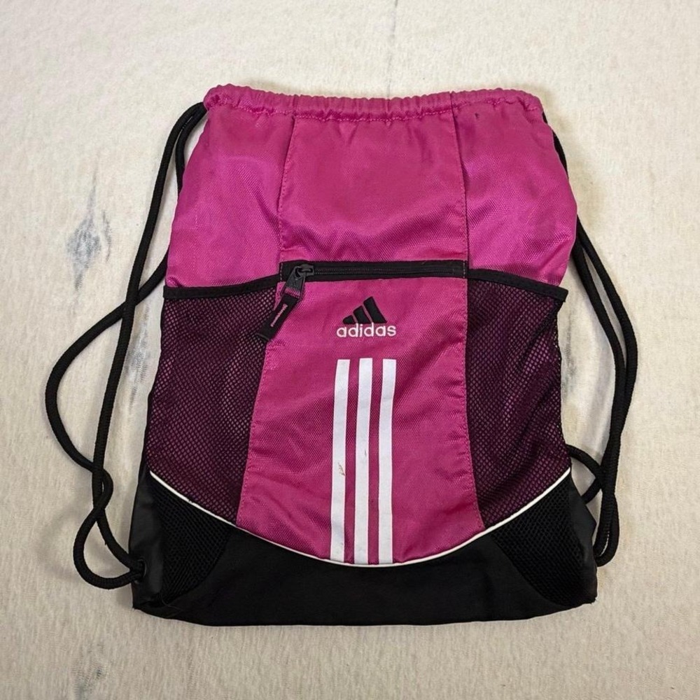 Adidas Pink Black Drawstring Backpack Gym‎ Sack Zipper Pocket Mesh Panels